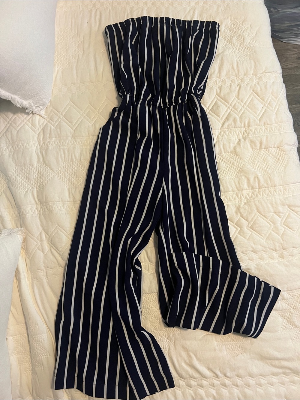 Ambiance Navy and White Strapless Wide-Leg Jumpsuit